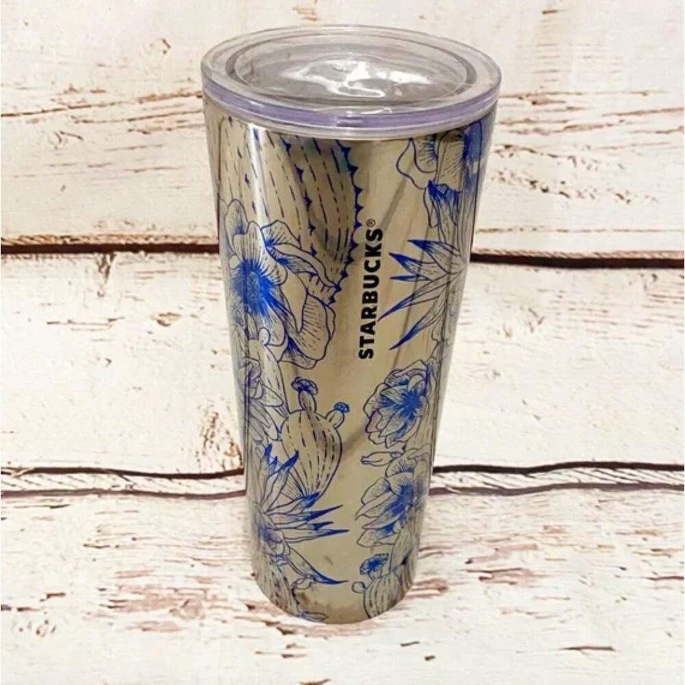 STARBUCKS Vintage 2017 Desert Cactus Flower Metallic Silver Tumbler 16oz NWOT